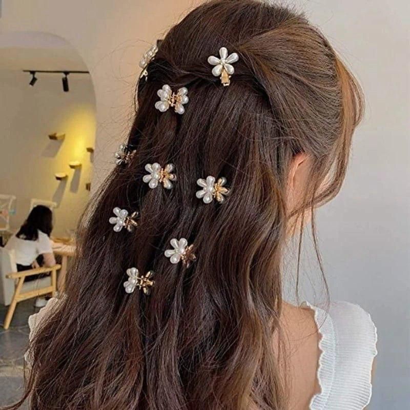Korean Style Small Pearl Mini Hair Claw Clips with Flower Design (Pack of 10)