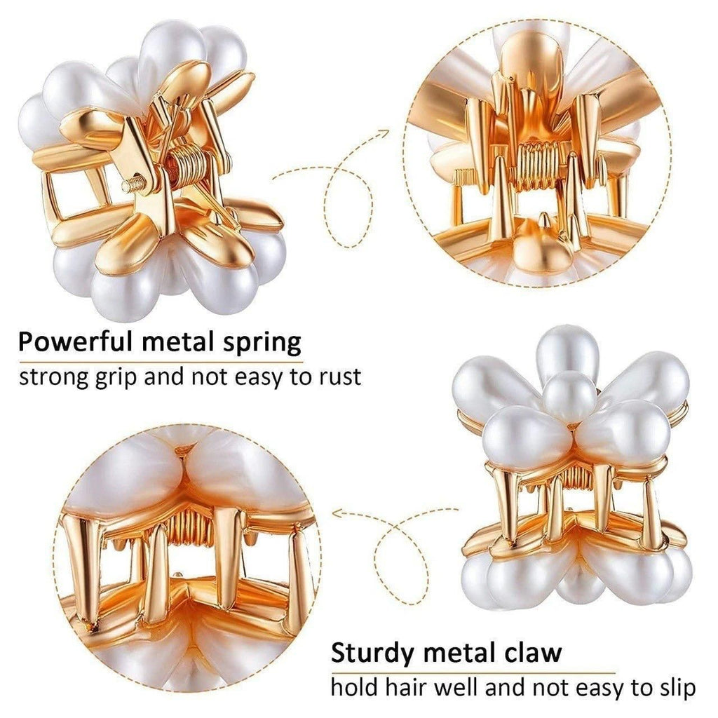 Korean Style Small Pearl Mini Hair Claw Clips with Flower Design (Pack of 10)
